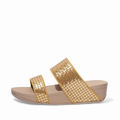 Fitflop Women's OLIVE Metallic Woven Leather Slides Sandals - Brown/Gold, IS6017839